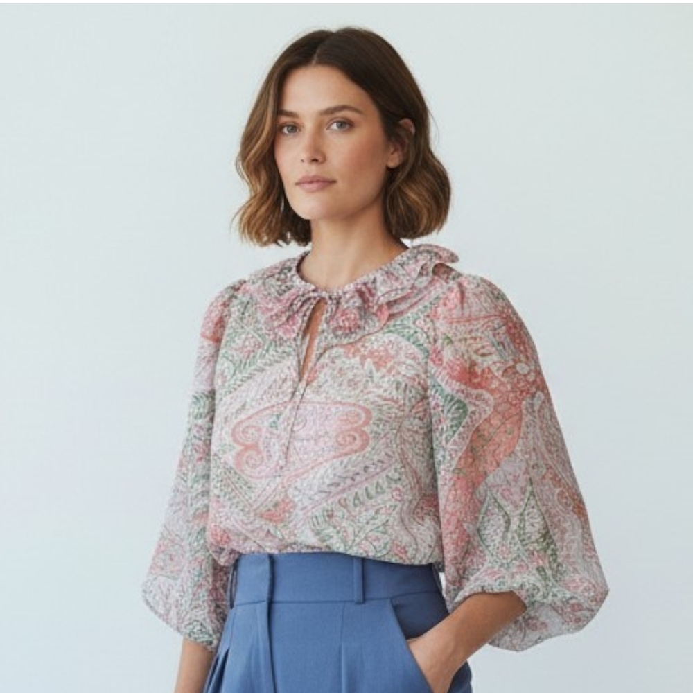 Jeune Otte Lindsey Blouse Ruffle Tie Neck Pink Green Lilac Print Women's Medium